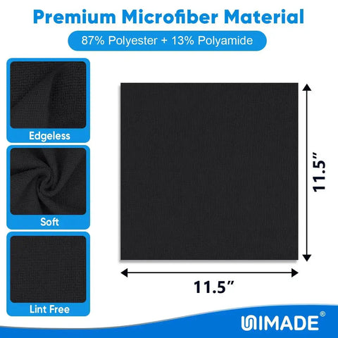 Bulk 50 Pack Microfiber Cleaning Cloths 11.5 By 11.5 Inches Lint Free Reusable Towels For Cars Auto Detailing Home Kitchen Garage Bar Restaurant Mechanic Shop Black Boss Level Clean For Messes And Grime, shown in black color with dimensions and material composition.