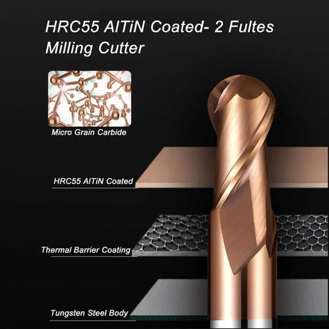 Close-up of HRC55 AlTiN Coated Ball Nose Carbide End Mill with 2 flutes, detailing micro grain carbide and thermal coatings.