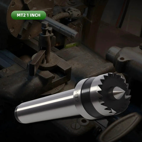 MT2 Wood Lathe Drive Center With 1 Inch Crown for solid drive and smooth turning rugged steel build, shown on a lathe machine.