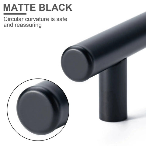 Close-up of 10 pack matte black stainless steel cabinet pulls with 5 inch overall length and 3 inch center to center hole spacing.