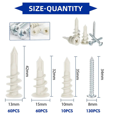 Product image showing 260 Pcs Self Drilling Drywall Anchors Set with nylon plastic wall anchors and screws in three sizes.