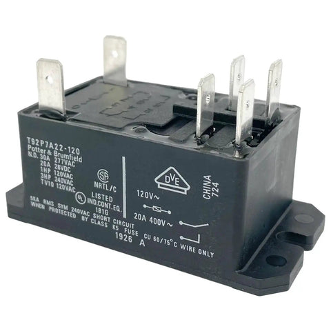 Six Pin 120VAC DPST NO Industrial Power Relay With 30A Contacts and 120V Coil Replacement for T92 Series, side view.