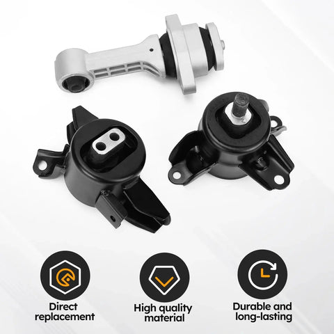 Beefed-Up Engine And Transmission Mount Kit For Hyundai Elantra 1.8L 2011-2016, Accent 1.6L 2012-2014, Veloster 1.6L 2012-2017, Rio 2012-2017, Forte 1.6L 2014-2016 Black Aluminum Iron Rubber Mounts For Smoother Powertrain And Quieter Ride, showing three-piece durable mounts with direct replacement text