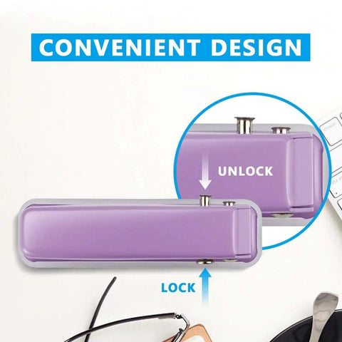 Purple Heavy-Duty Single Hole Punch For Up To Fifteen Sheets showing lock and unlock feature, ideal for ID cards and craft projects.