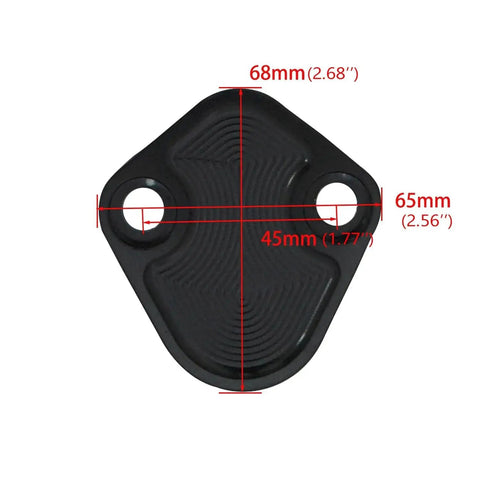 Top view of Small Block Ford CNC Machined 6061 T6 Billet Aluminum Fuel Pump Block Off Plate Kit Direct Fit In Black Anodized Finish.