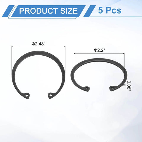 Five Pack Internal Retaining Ring Circlips for Grooved Shafts and Studs, 2.2 Inch Bore, 0.08 Inch Thick, 65Mn Spring Steel, front view