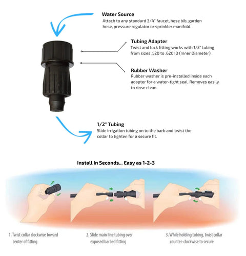 Habitech black plastic 3-pack 1/2 in drip irrigation tubing to faucet adapter with rubber washer, 3/4 FHT
