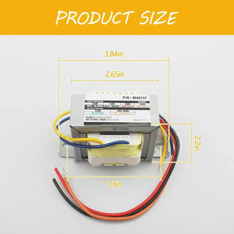24V AC Transformer For HVAC Systems, Primary 120 208 240V To 24V Secondary, size dimensions with wiring visible.