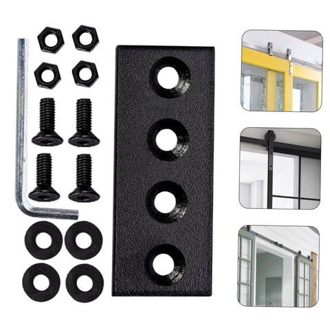 Barn Door Track Stopper And Flat Mending Plate Kit For Heavy Duty Door Repair 4 Hole Brace Connector Solid Track Bracket Mending Plates Reinforced Track Hardware For Stable Door Alignment And Longevity shown with screws and washers.