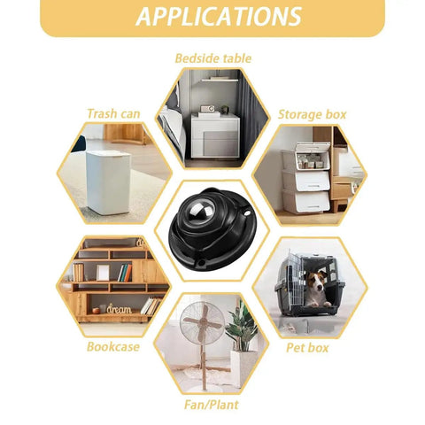 Applications of 1 Inch Self Adhesive Caster Wheels With Low Profile 360 Degree Swivel Stainless Steel Rollers for furniture, appliances, and storage items, black finish, 4 pack.
