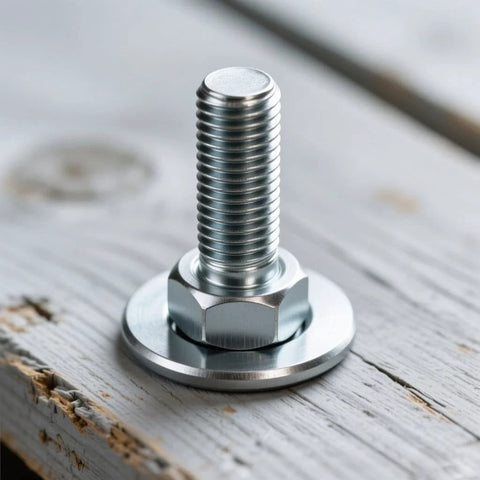 M5 stainless steel bolt with flat washer and hex nut on weathered wood surface