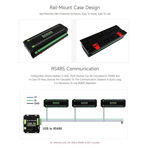 Top view of 32 Channel Modbus RTU Relay Module with RS485 interface, rail-mount case, and isolation protection circuits