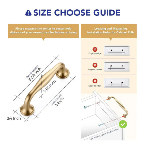 Size guide for 20 Pack 3 Inch Champagne Bronze Kitchen Cabinet Handles showing measurements and installation tips with illustrations.