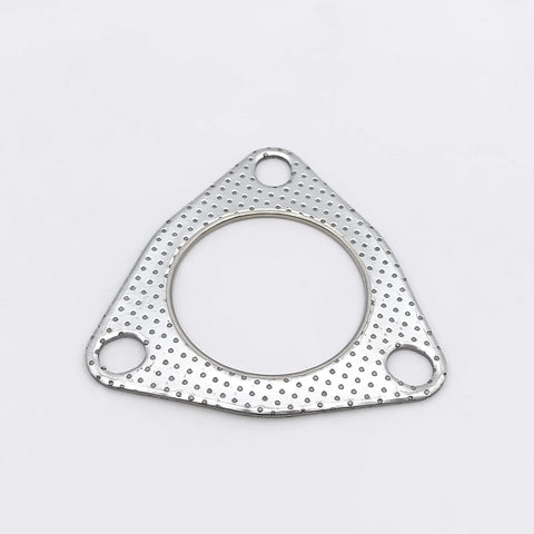 Triangular metal exhaust gasket with three bolt holes and large central bore, silver finish.