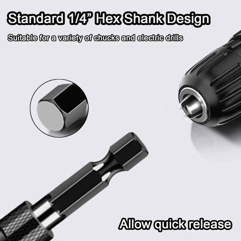 Deburring External Chamfer Tool With Tungsten Carbide Blades For Copper Steel And Aluminum Quick Release One Quarter Inch Hex Shank Burr Busting Deburr Bit For Bolt Threads Anti Rust Durable Metalworking Drill Accessory shown with 1/4 in hex shank close-up next to drill chuck.
