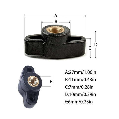 10 Pack Through Hole T Knobs 1/4-20 For T Track Jigs And Featherboards, dimensions shown, black plastic with brass core