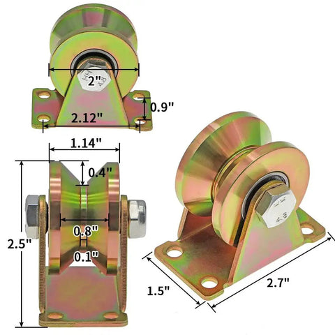 Beefy 2 Inch V Groove Wheel Set With Bracket For Industrial Machines And Sliding Gates Heavy Duty Rigid Casters, side view with dimensions