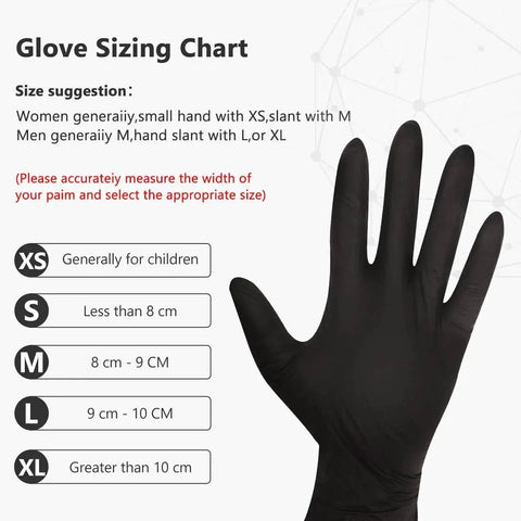 Glove sizing chart with hand wearing Black Nitrile Latex Free Gloves Pack 100 Textured Fingertips For Food Handling