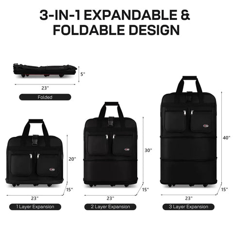 Expandable Rolling Duffle Bag With Wheels For Travel, Large Capacity Foldable Luggage Bag Set, showing 3-in-1 expandable design in classic black