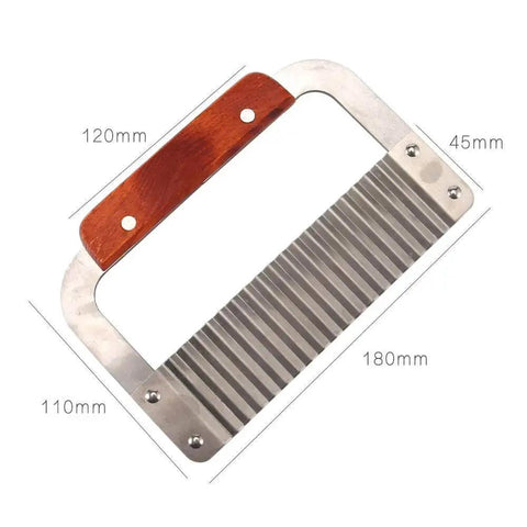 Crinkle Fry Cutter Knife With Stainless Steel Blade And Wooden Handle For French Fries And Veggies, shown with dimensions.