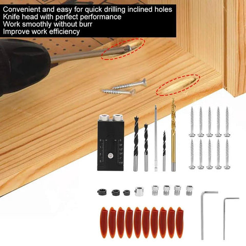 Aluminum Pocket Hole Jig Kit with Dual Guides and accessories for precise angled joints in carpentry and cabinet making.