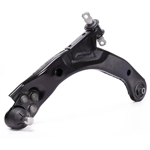 Black steel front suspension lower control arm with ball joint stud and bushings.