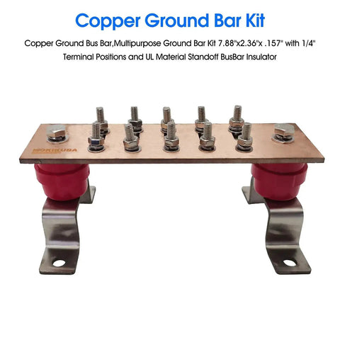 Heavy Duty Copper Ground Bus Bar Kit 7.88 Inch By 2.36 Inch By 0.157 Inch With One Quarter Inch Terminal Positions, Includes Brackets