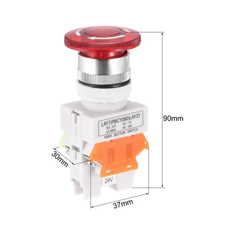 Workhorse 22mm Latching Emergency Stop Push Button Switch With Indicator Light For Industrial Lathe, dimensions shown