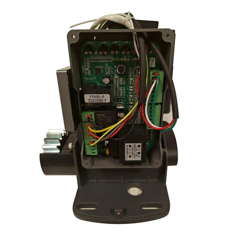 Interior view of Automatic Sliding Gate Opener Kit With Gear Rack Drive System showing wiring and circuit board components.