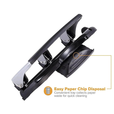 EZ Squeeze Heavy Duty 3 Hole Punch With 40 Sheet Capacity, All Metal Build, Easy Clean Chip Tray, black and silver punch