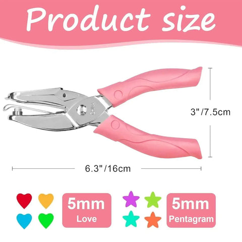 Dual Shape One Quarter Inch Star And Heart Hole Punch Handheld Paper Craft Puncher with pink soft grip handle, dimensions shown.