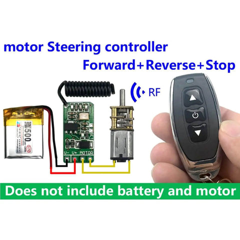 Dope Remote Control Switch Module For DC 3V To 12V Motors with Forward and Reverse Stop feature, 3-button remote in hand, circuit board, wiring