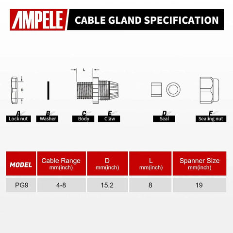 Diagram and specification of 20 Pack PG9 Waterproof Nylon Cable Glands With Gaskets Adjustable 4 to 8mm IP68 in black for electrical junctions.