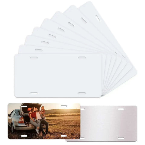 10 Pack Sublimation License Plate Blanks White Aluminum Front Plates For DIY Custom Design Heat Transfer Compatible Front License Tag Durable Anti Corrosion Auto Plate For Most Vehicles displayed in a stack.