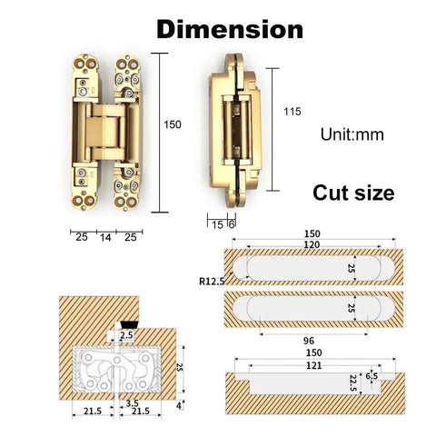 Dimensions of Hidden 6 Inch 3 Way Adjustable Concealed Door Hinges Set Of 2 In Zinc Alloy With 180 Degree Swing for Invisible Doors