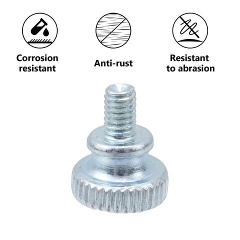 Close-up of M4x6mm thumb screw with flat knurling head, zinc plated carbon steel, labeled corrosion, rust, and abrasion resistant.