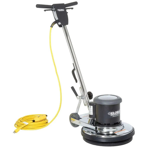 Corded Low Speed Floor Machine, 17 Inch Cleaning Path, Stainless Steel Construction, Heavy Duty 1.5 HP Motor, 50 Foot Safety Power Cord With GFCI Plug, Built Tough For Wet Floor Cleaning, shown from a slight side angle.