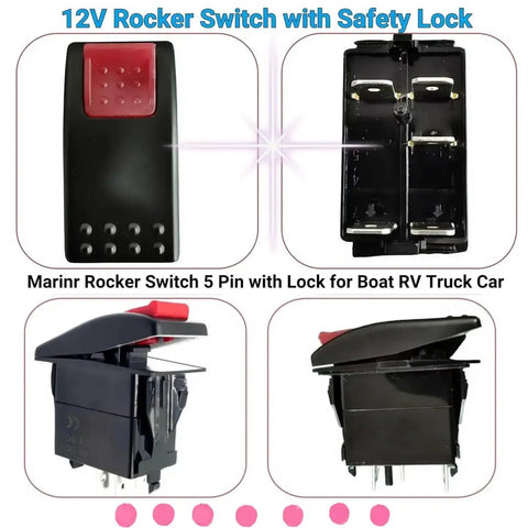 12V rocker switch with safety lock, 5-pin SPST, red actuator on black housing; front, back and side views.