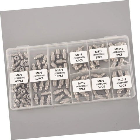 Grease Fitting Kit with Straight Nozzles Nickel Coated Zerk Fittings Assortment for Bearings and Components Easy Install