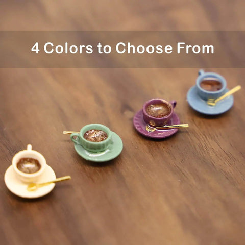 Whimsical Tiny Magnetic Tea Cup Decor Set For Doors Three Teacups Saucers And Gold Spoons in assorted colors on table.