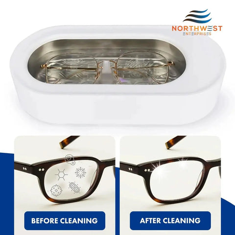 Ultrasonic cleaner with eyeglasses before and after using Concentrated Ultrasonic Eyeglasses Cleaner Solution For Sonic Machines