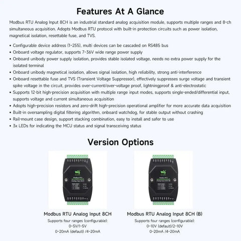 Two Modbus RTU Analog Input 8CH modules, including Rock Solid 8 Channel Analog Data Acquisition Module With 12-Bit Precision.