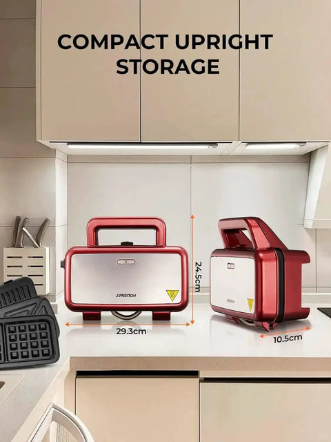 3-In-1 Sandwich And Waffle Maker With Removable Nonstick Plates, 1200W Panini Press shown in compact upright storage