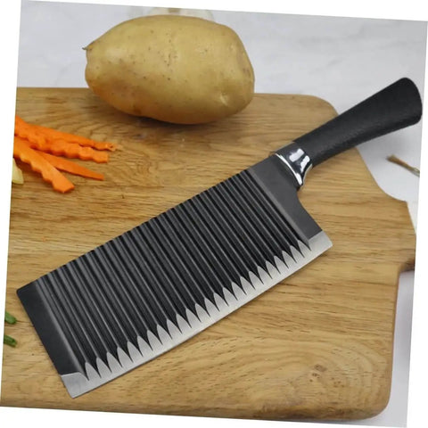 Wavy Chopper Knife Crinkle Cutter For Chips And Veggies Stainless Steel Mandoline Slicer Kitchen Tool For Cutting Potatoes Vegetables And Fruits Durable Sharp Slicer SOLUSTRE with black handle on wooden board