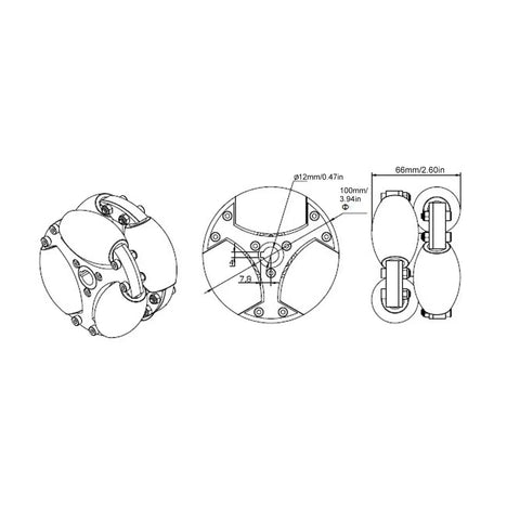 Technical drawing of Heavy Duty 100mm Omni Directional Wheel with Double Row Aluminum Alloy for 360 Degree Rotation and Swivel Maneuverability
