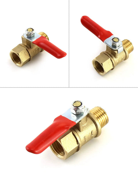 QWORK brass ball valve with red lever handle, 1/4 NPT female inlet — front view
QWORK brass ball valve with red lever handle, 1/4 NPT male outlet — side view
QWORK brass ball valve with red lever handle, 1/4 NPT fitting — close-up