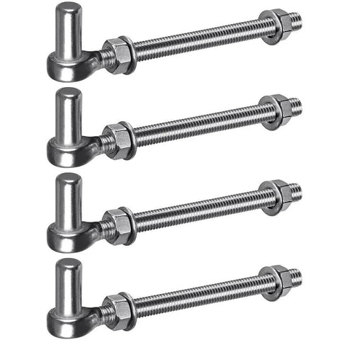 Four 304 stainless steel gate hinge sets, M12 by 8 inch J bolt gate hinges with five eighths inch pin, for chain link fence, farm, and driveway.