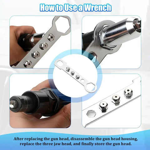 Pro Grade Car Cordless Rivet Gun Adapter Kit For Drill Universal Riveting Tool with Four Rivet Heads shown in detail.
