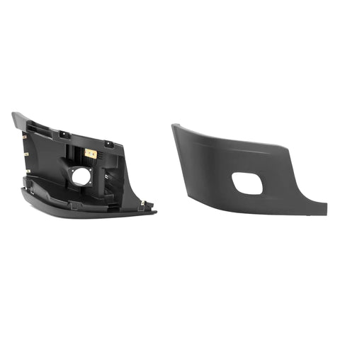 Front Passenger Bumper End Cap Reinforcement for Cascadia Fog Light Holes, front and side view, black plastic
