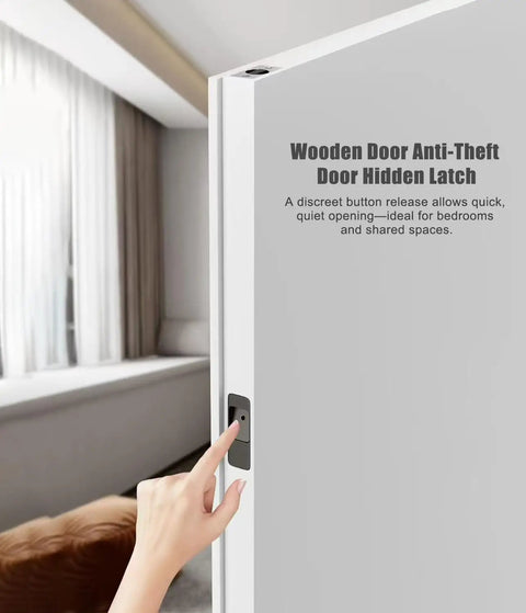 Hidden Bookcase Hinges With Lock And Magnetic Latch, woman pressing button on wooden door anti-theft latch for secret doors